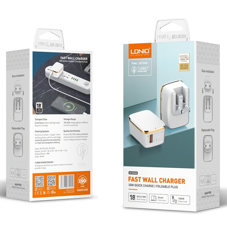 LDNIO A1204Q QC3.0 18W USB Fast Charger with 1m USB to 8 Pin Cable, Plug Type:UK Plug(White Gold) - USB Charger by LDNIO | Online Shopping UK | buy2fix