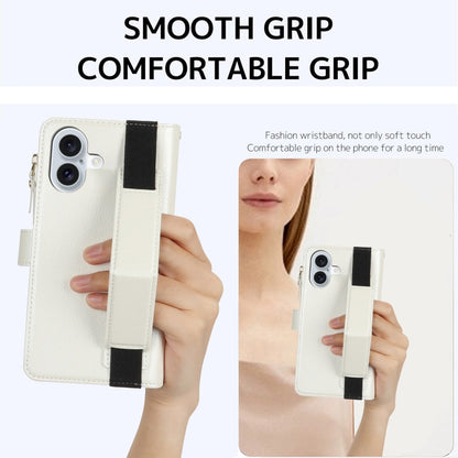 For iPhone 16 Plus Wristband Holder Zipper Purse RFID Leather Phone Case(White) - iPhone 16 Plus Cases by buy2fix | Online Shopping UK | buy2fix