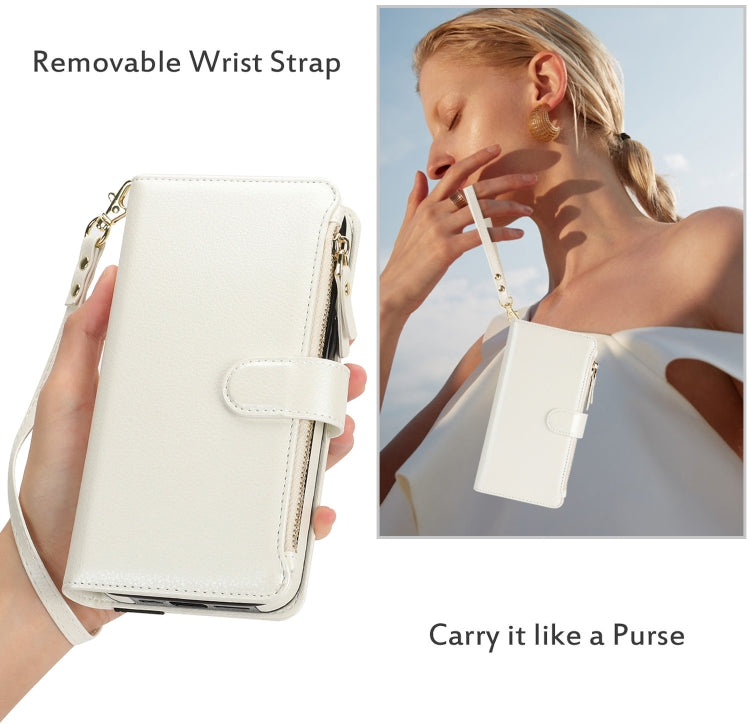 For iPhone 16 Plus Wristband Holder Zipper Purse RFID Leather Phone Case(White) - iPhone 16 Plus Cases by buy2fix | Online Shopping UK | buy2fix