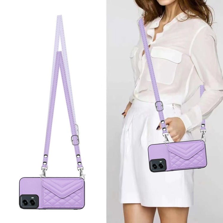 For Motorola Moto G 5G 2024 Rhombic Texture Card Bag RFID Phone Case with Long Lanyard(Light Purple) - Motorola Cases by buy2fix | Online Shopping UK | buy2fix