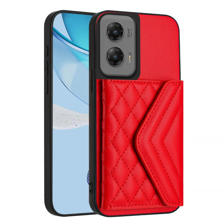 For Motorola Moto G Stylus 5G 2024 Rhombic Texture Card Bag RFID Phone Case with Long Lanyard(Red) - Motorola Cases by buy2fix | Online Shopping UK | buy2fix