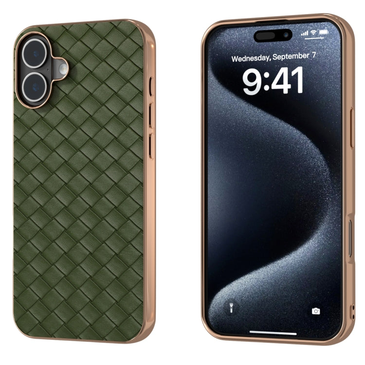 For iPhone 16 Electroplated Frame Woven Texture PU Phone Case(Green) - iPhone 16 Cases by buy2fix | Online Shopping UK | buy2fix