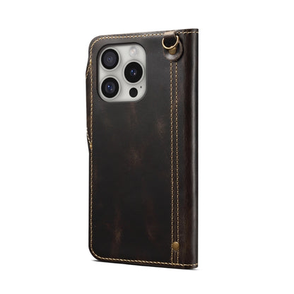 For iPhone 16 Pro Denior B01 Oil Wax Cowhide Magnetic Button Genuine Leather Case(Black) - iPhone 16 Pro Cases by Denior | Online Shopping UK | buy2fix