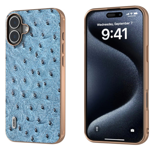 For iPhone 16 Plus ABEEL Electroplating Frame Genuine Leather Ostrich Texture Phone Case(Dark Blue) - iPhone 16 Plus Cases by buy2fix | Online Shopping UK | buy2fix