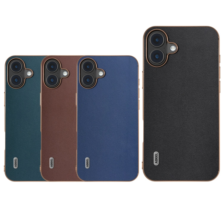 For iPhone 16 ABEEL Electroplating Frame Genuine Leather Xiaoya Series Phone Case(Coffee) - iPhone 16 Cases by buy2fix | Online Shopping UK | buy2fix