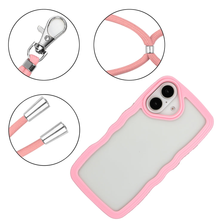 For iPhone 16 Candy Color Wave TPU Clear PC Phone Case with Lanyard(Pink) - iPhone 16 Cases by buy2fix | Online Shopping UK | buy2fix