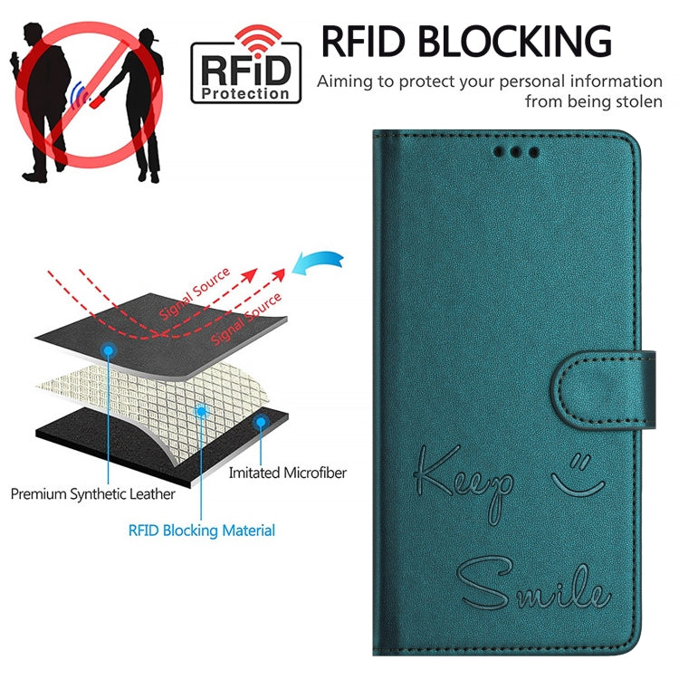 For iPhone 16 Pro Smile Embossing RFID Leather Phone Case(Peacock Green) - iPhone 16 Pro Cases by buy2fix | Online Shopping UK | buy2fix