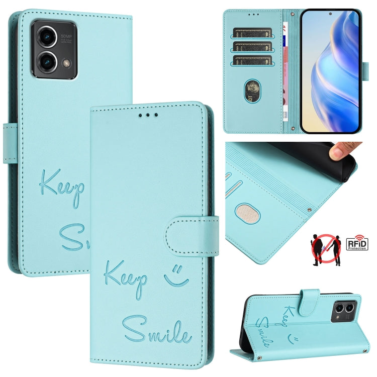 For Motorola Moto G Stylus 5G 2024 Smile Embossing RFID Leather Phone Case(Mint Green) - Motorola Cases by buy2fix | Online Shopping UK | buy2fix