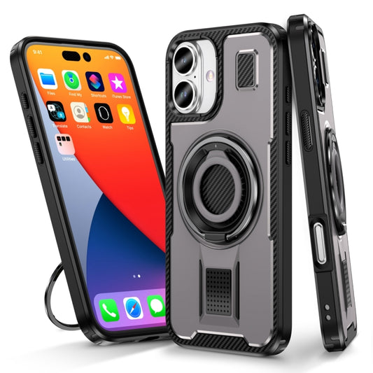 For iPhone 16 Plus Ring Holder Carbon Fiber PC Hybrid TPU Phone Case(Grey) - iPhone 16 Plus Cases by buy2fix | Online Shopping UK | buy2fix