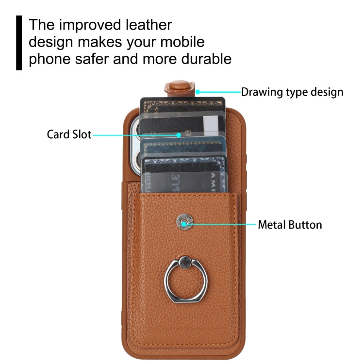 For iPhone 16 Litchi Texture Drawing Card Bag Ring Holder Phone Case(Brown) - iPhone 16 Cases by buy2fix | Online Shopping UK | buy2fix