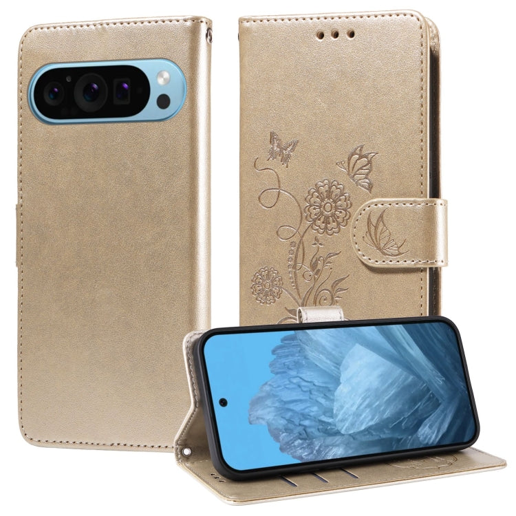 For Google Pixel 9 / 9 Pro Embossed Butterfly Flowers Leather Phone Case(Gold) - Google Cases by buy2fix | Online Shopping UK | buy2fix