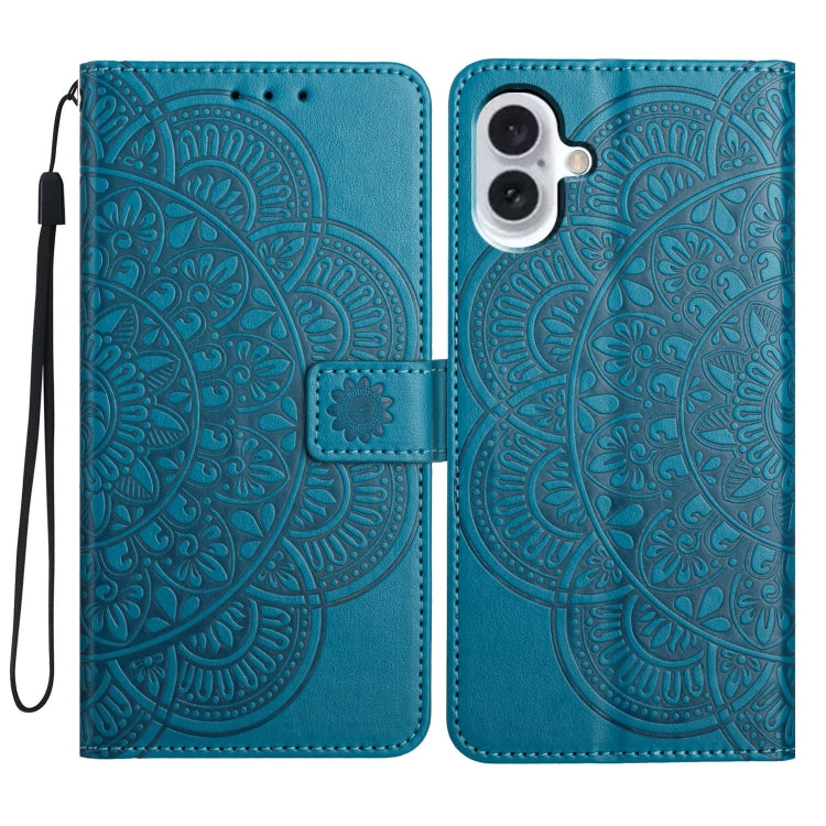 For iPhone 16 Flower Embossed Leather Phone Case(Blue) - iPhone 16 Cases by buy2fix | Online Shopping UK | buy2fix