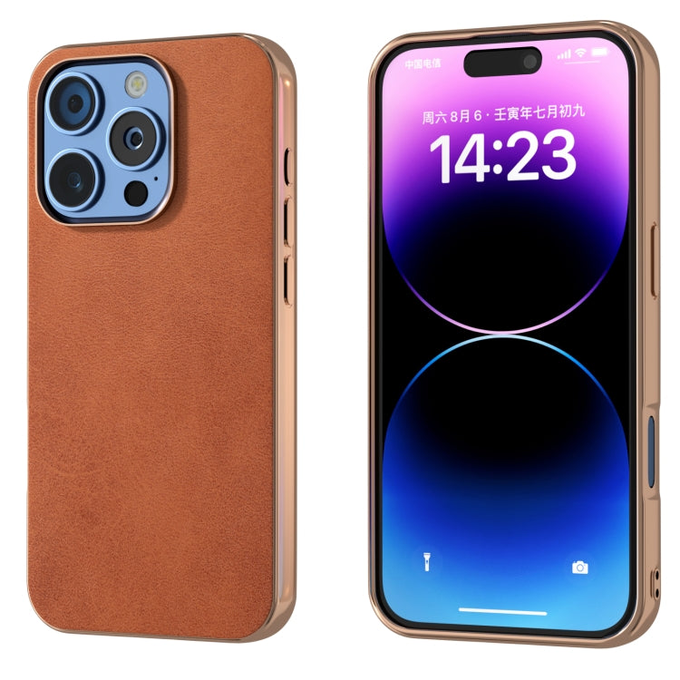 For iPhone 16 Pro Nano Electroplating Dual Color Cowhide Texture Protective Phone Case(Brown) - iPhone 16 Pro Cases by buy2fix | Online Shopping UK | buy2fix