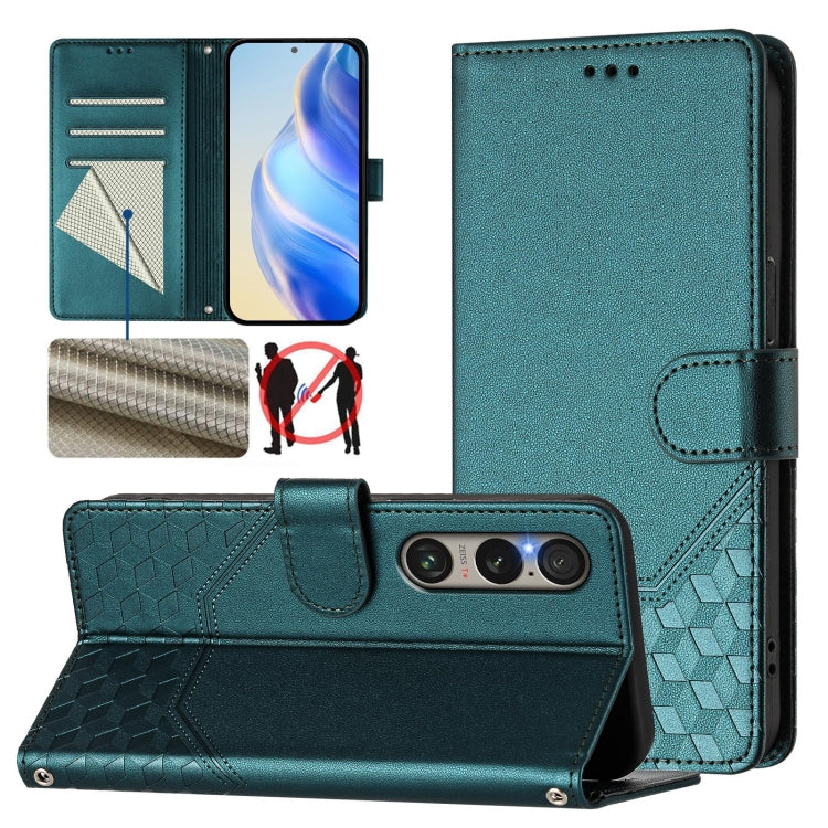 For Sony Xperia 1 VI 2024 Honeycomb Embossing RFID Leather Phone Case(Peacock Green) - Sony Cases by buy2fix | Online Shopping UK | buy2fix