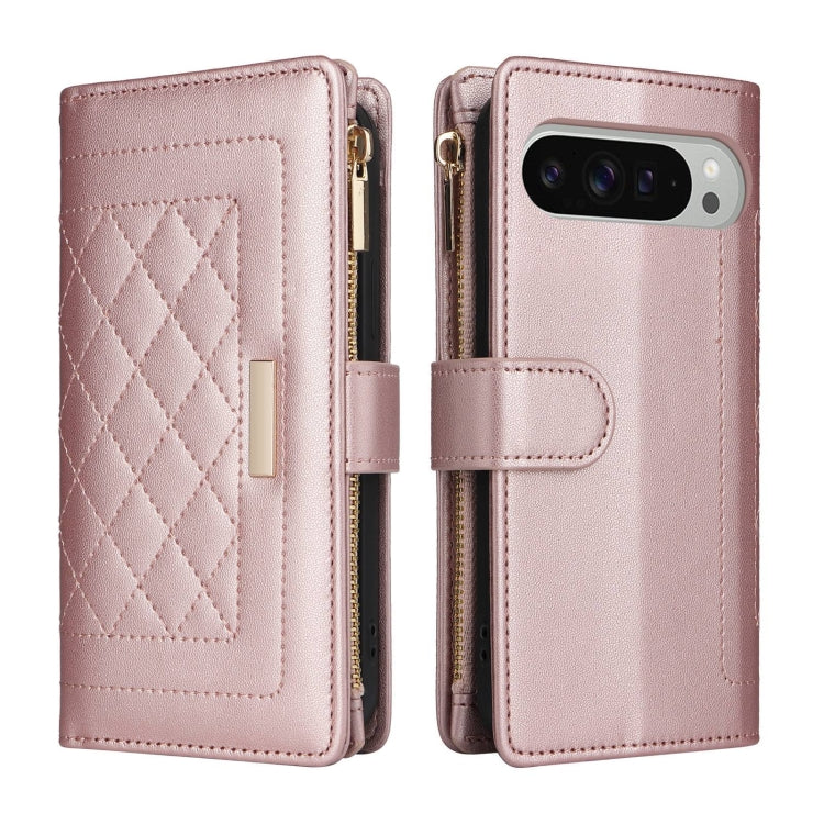 For Google Pixel 9 Pro XL Crossbody Zipper Wallet Rhombus Leather Phone Case(Rose Gold) - Google Cases by buy2fix | Online Shopping UK | buy2fix