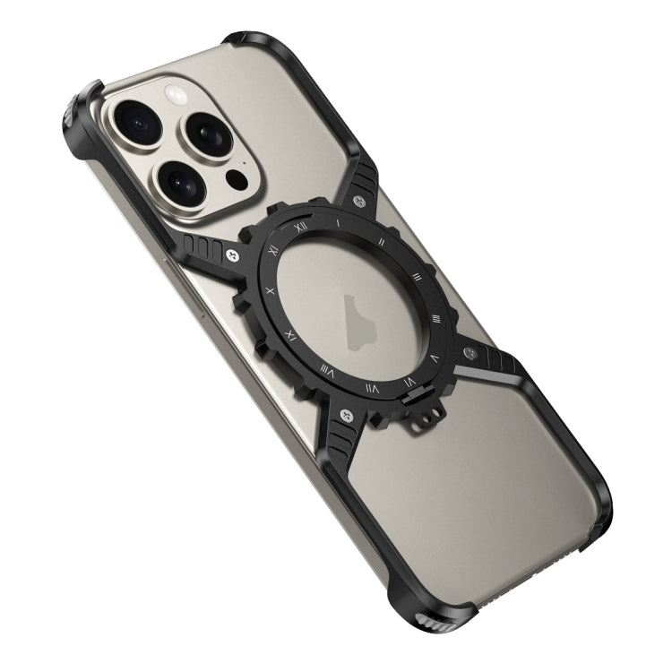 For iPhone 16 Mechanical Gear MagSafe Holder Borderless Metal Phone Case(Black) - iPhone 16 Cases by buy2fix | Online Shopping UK | buy2fix