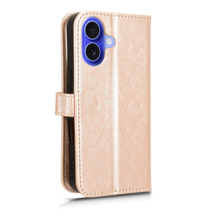 For iPhone 16 Honeycomb Dot Texture Leather Phone Case(Gold) - iPhone 16 Cases by buy2fix | Online Shopping UK | buy2fix