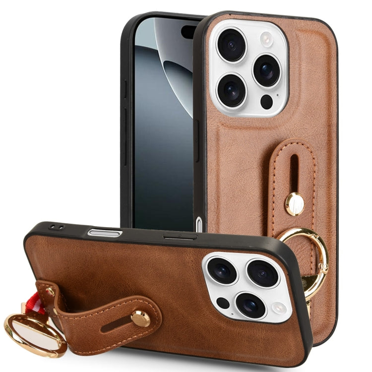 For iPhone 16 Pro Wristband Leather Back Phone Case(Brown) - iPhone 16 Pro Cases by buy2fix | Online Shopping UK | buy2fix