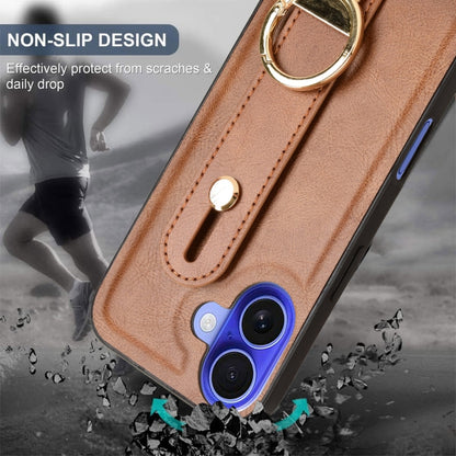 For iPhone 16 Wristband Leather Back Phone Case(Brown) - iPhone 16 Cases by buy2fix | Online Shopping UK | buy2fix