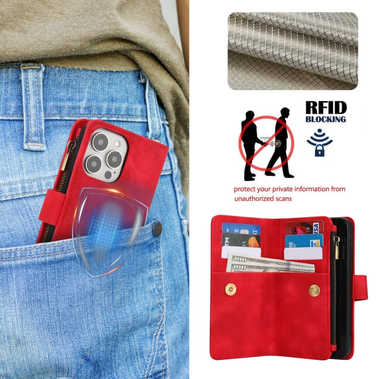 For iPhone 16 Pro Dream 9-Card Zipper Wallet RFID Leather Phone Case with Lanyard(Red) - iPhone 16 Pro Cases by buy2fix | Online Shopping UK | buy2fix