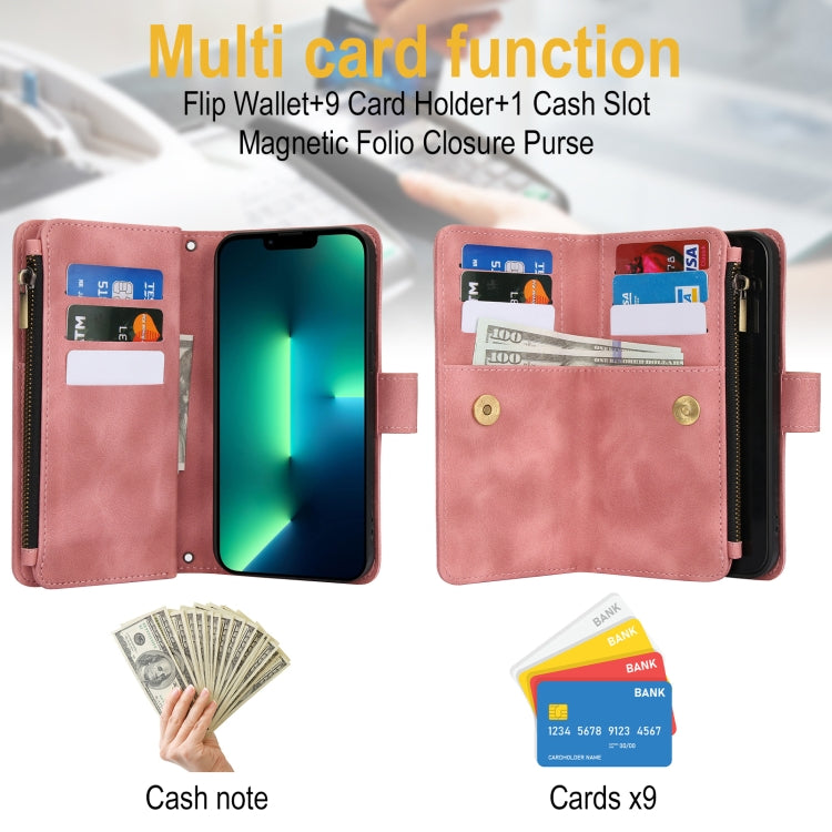 For iPhone 16 Pro Dream 9-Card Zipper Wallet RFID Leather Phone Case with Lanyard(Rose Gold) - iPhone 16 Pro Cases by buy2fix | Online Shopping UK | buy2fix