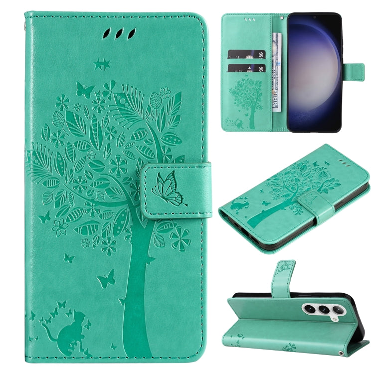 For Samsung Galaxy S25 / S24 5G Tree & Cat Embossed Pattern Flip Leather Phone Case(Green) - Galaxy S25 5G Cases by buy2fix | Online Shopping UK | buy2fix