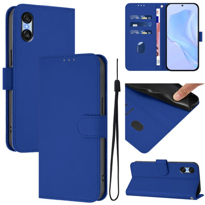 For Sony Xperia 10 VI 2024 Skin Feel Solid Color Leather Phone Case with Lanyard(Dark Blue) - Sony Cases by buy2fix | Online Shopping UK | buy2fix