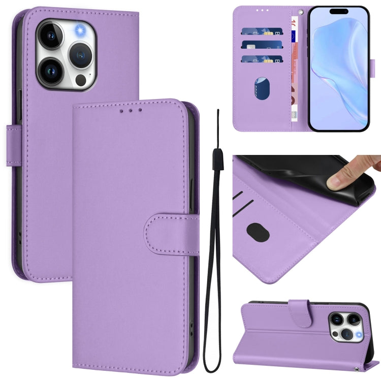 For iPhone 16 Pro Skin Feel Solid Color Leather Phone Case with Lanyard(Lavender Purple) - iPhone 16 Pro Cases by buy2fix | Online Shopping UK | buy2fix