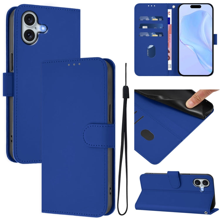 For iPhone 16 Plus Skin Feel Solid Color Leather Phone Case with Lanyard(Dark Blue) - iPhone 16 Plus Cases by buy2fix | Online Shopping UK | buy2fix