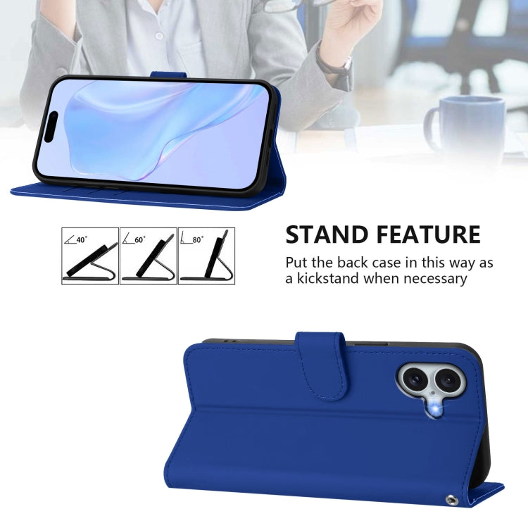 For iPhone 16 Plus Skin Feel Solid Color Leather Phone Case with Lanyard(Dark Blue) - iPhone 16 Plus Cases by buy2fix | Online Shopping UK | buy2fix