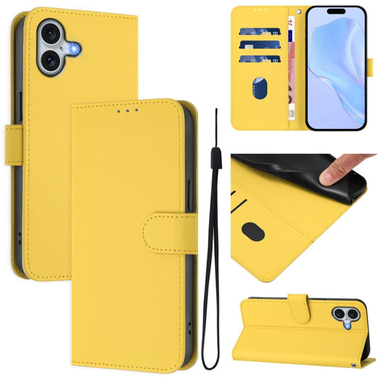 For iPhone 16 Plus Skin Feel Solid Color Leather Phone Case with Lanyard(Lemon Yellow) - iPhone 16 Plus Cases by buy2fix | Online Shopping UK | buy2fix