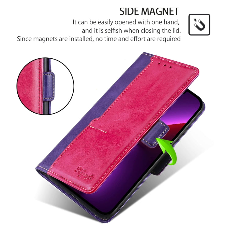 For iPhone 16 Plus Contrast Color Side Buckle Leather Phone Case(Purple + Rose Red) - iPhone 16 Plus Cases by buy2fix | Online Shopping UK | buy2fix