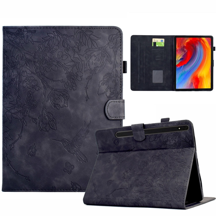 For Samsung Galaxy Tab S9 Flowers and Bird Embossed Smart Leather Tablet Case(Black) - Galaxy Tab S9 Cases by buy2fix | Online Shopping UK | buy2fix