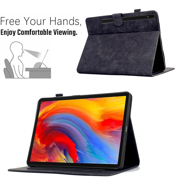 For Samsung Galaxy Tab S9 Flowers and Bird Embossed Smart Leather Tablet Case(Black) - Galaxy Tab S9 Cases by buy2fix | Online Shopping UK | buy2fix