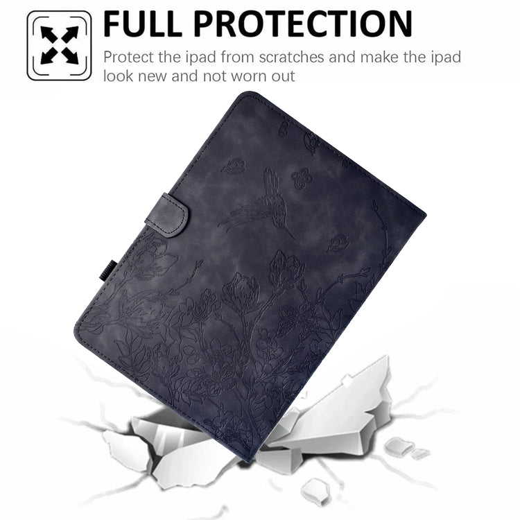 For Samsung Galaxy Tab S9 Flowers and Bird Embossed Smart Leather Tablet Case(Black) - Galaxy Tab S9 Cases by buy2fix | Online Shopping UK | buy2fix