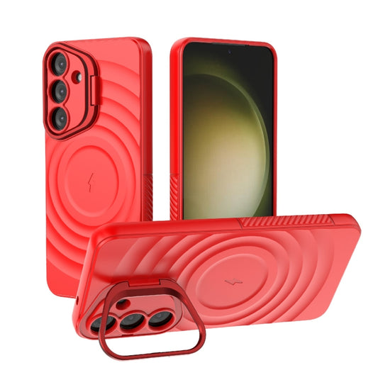 For Samsung Galaxy S25+ 5G Lens Frame Bracket Corrugated MagSafe Phone Case(Red) - Galaxy S25+ 5G Cases by buy2fix | Online Shopping UK | buy2fix