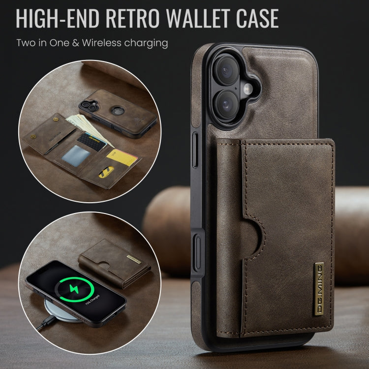 For iPhone 16 Plus DG.MING M6 Series RFID Tri-fold Card Bag Removable Leather Phone Case(Coffee) - iPhone 16 Plus Cases by DG.MING | Online Shopping UK | buy2fix