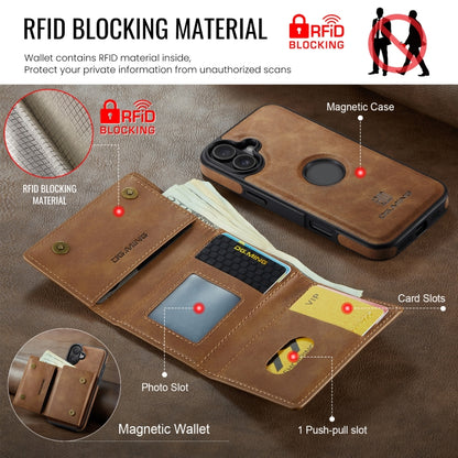 For iPhone 16 DG.MING M6 Series RFID Tri-fold Card Bag Removable Leather Phone Case(Brown) - iPhone 16 Cases by DG.MING | Online Shopping UK | buy2fix