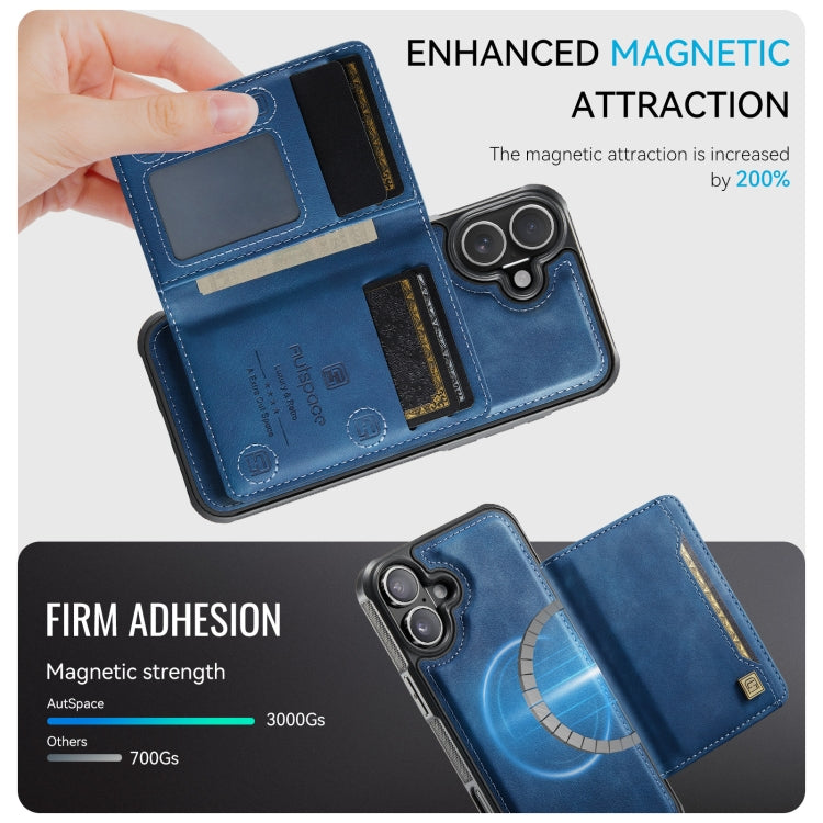 For iPhone 16 AutSpace A13 MagSafe Magnetic RFID Flip Card Bag Phone Case(Blue) - iPhone 16 Cases by AutSpace | Online Shopping UK | buy2fix