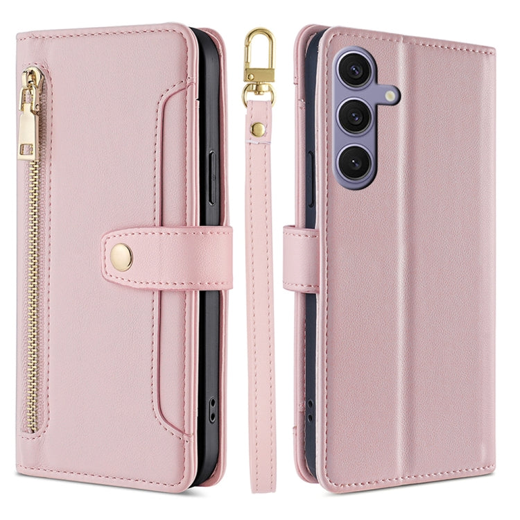 For Samsung Galaxy S25+ 5G Sheep Texture Cross-body Zipper Wallet Leather Phone Case(Pink) - Galaxy S25+ 5G Cases by buy2fix | Online Shopping UK | buy2fix