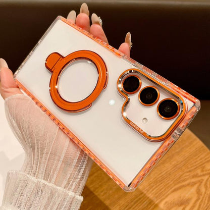 For Samsung Galaxy S25 5G Transparent MagSafe Holder Phone Case with Lens Film(Orange) - Galaxy S25 5G Cases by buy2fix | Online Shopping UK | buy2fix