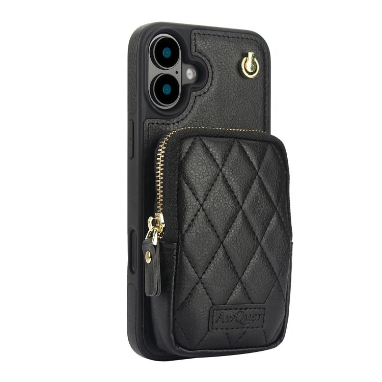 For iPhone 16 AwQuer Crossbody Zipper Wallet Bag Litchi Leather Phone Case(Black) - iPhone 16 Cases by Awquer | Online Shopping UK | buy2fix