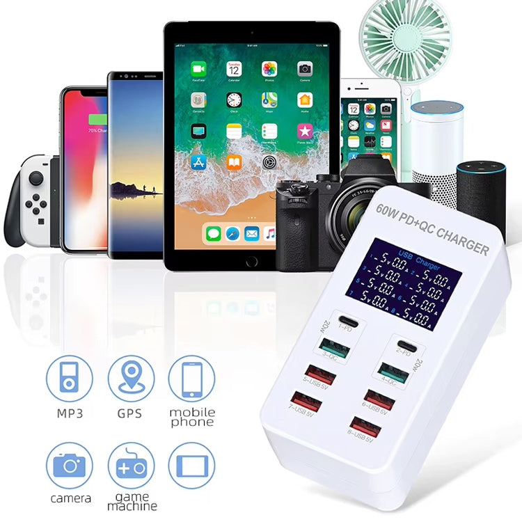 A8T 60W 8 Ports USB + QC3.0 + PD Type-C Smart Charging Station with Digital Display AC100-240V, EU Plug - Multifunction Charger by buy2fix | Online Shopping UK | buy2fix