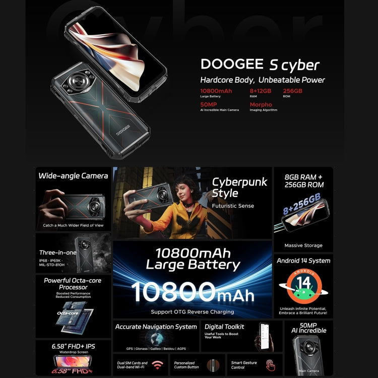 [HK Warehouse] DOOGEE S Cyber, 8GB+256GB, 6.58 inch Android 14 Spreadtrum T606 Octa Core, Network: 4G, OTG, NFC (Black Silver) - DOOGEE by DOOGEE | Online Shopping UK | buy2fix