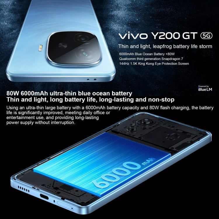 vivo Y200 GT, Dual Back Cameras, 12GB+256GB, Face ID Screen Fingerprint Identification, 6.78 inch Android 14.0 OriginOS 4 Snapdragon 7 Gen 3 Octa Core 2.63GHz, OTG, NFC, Network: 5G, Support Google Play (Blue) - vivo by vivo | Online Shopping UK | buy2fix