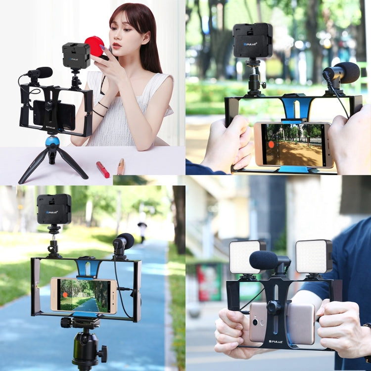 PULUZ 4 in 1 Vlogging Live Broadcast LED Selfie Fill Light Smartphone Video Rig Kits with Microphone + Tripod Mount + Cold Shoe Tripod Head for iPhone, Galaxy, Huawei, Xiaomi, HTC, LG, Google, and Other Smartphones (Blue) - Camera Cage by PULUZ | Online Shopping UK | buy2fix