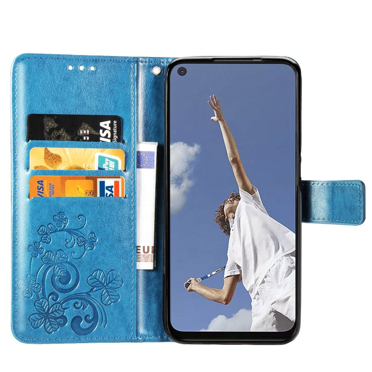 For OPPO A72/A52/A92 Four-leaf Clasp Embossed Buckle Mobile Phone Protection Leather Case with Lanyard & Card Slot & Wallet & Bracket Function(Blue) - OPPO Cases by buy2fix | Online Shopping UK | buy2fix