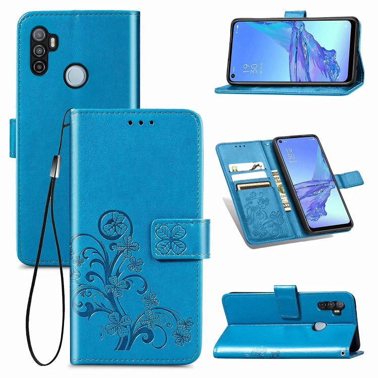 For Oppo A53 2020 Four-leaf Clasp Embossed Buckle Mobile Phone Protection Leather Case with Lanyard & Card Slot & Wallet & Bracket Function(Blue) - OPPO Cases by buy2fix | Online Shopping UK | buy2fix