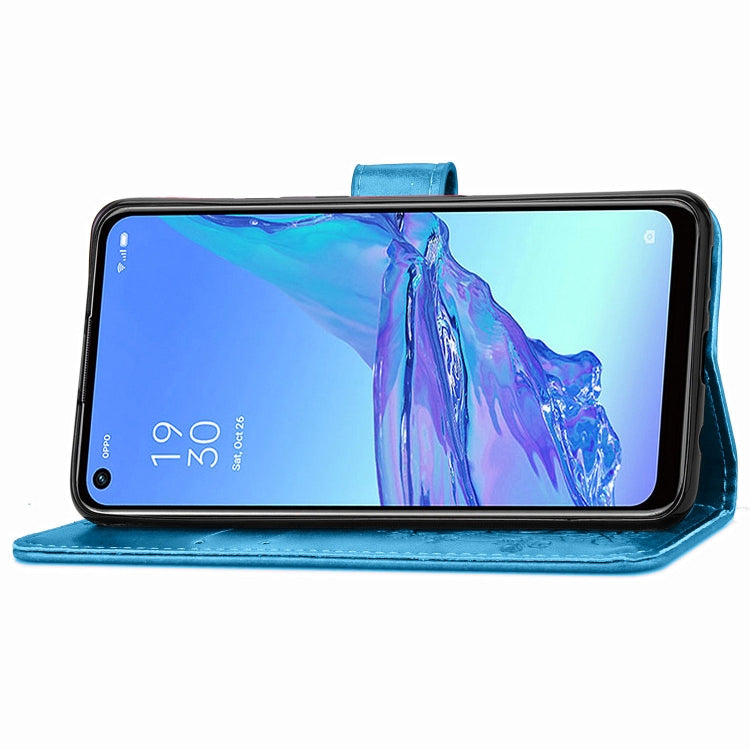 For Oppo A53 2020 Four-leaf Clasp Embossed Buckle Mobile Phone Protection Leather Case with Lanyard & Card Slot & Wallet & Bracket Function(Blue) - OPPO Cases by buy2fix | Online Shopping UK | buy2fix