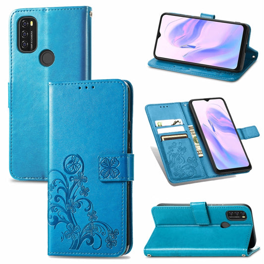 For Blackview A70 Four-leaf Clasp Embossed Buckle Mobile Phone Protection Leather Case with Lanyard & Card Slot & Wallet & Bracket Function(Blue) - More Brand by buy2fix | Online Shopping UK | buy2fix